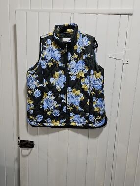 Lands' End Black Quilted Vest with Blue and Yellow Floral Accents